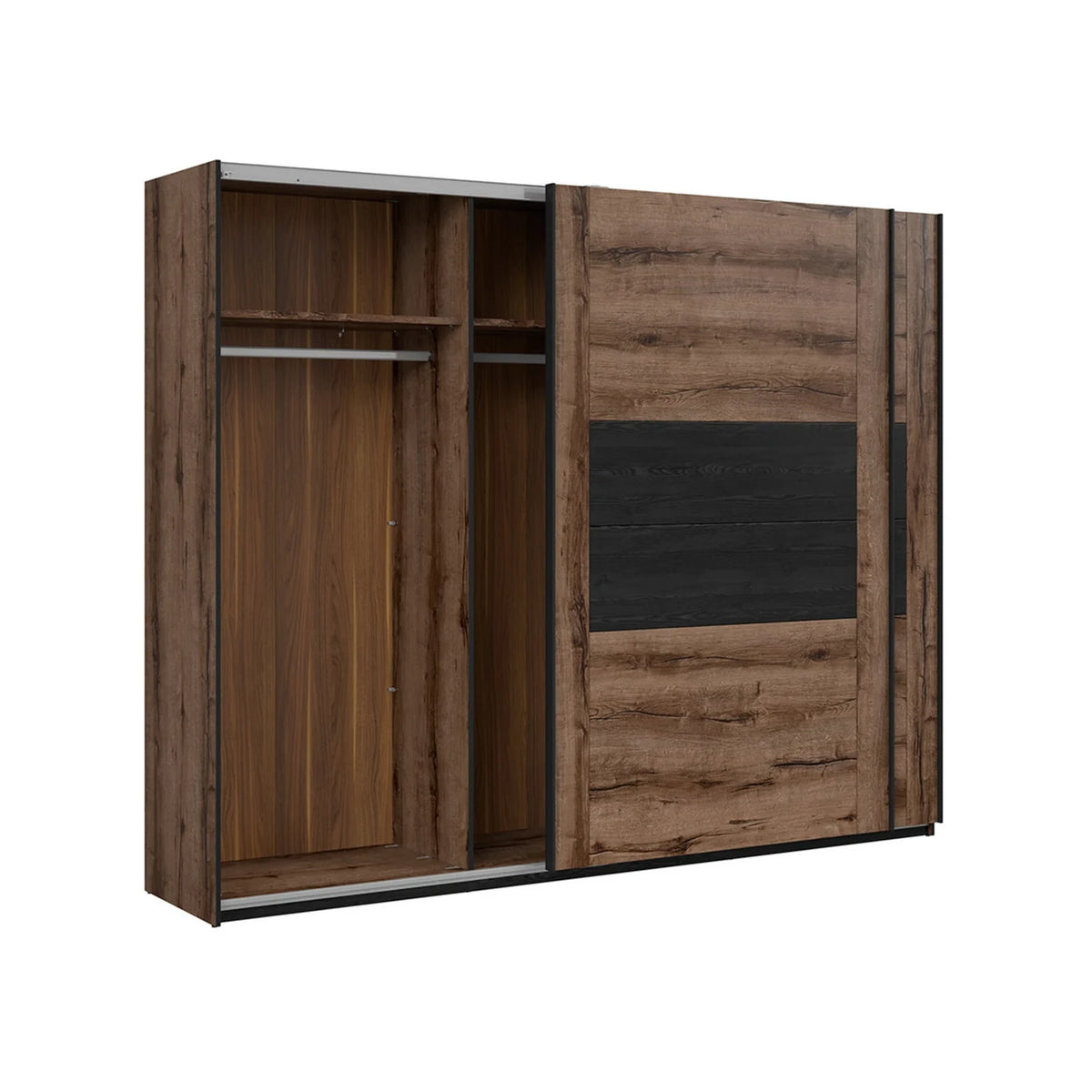 Set dormitor KASSEL, stejar/negru, pat 160x200 cu noptiere, dulap cu 2 usi si comoda