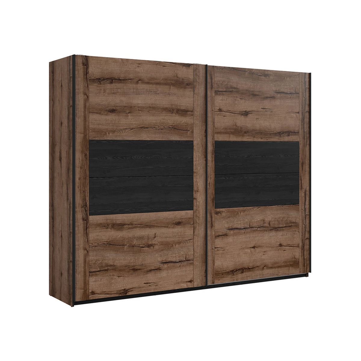 Set dormitor KASSEL, stejar/negru, pat 160x200 cu noptiere, dulap cu 2 usi si comoda
