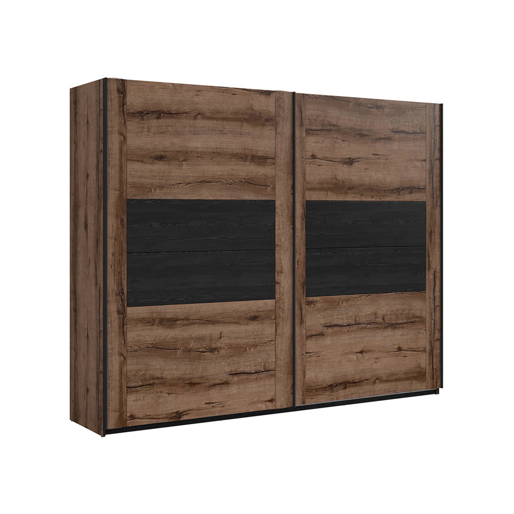 Set dormitor KASSEL, stejar/negru, pat 160x200 cu noptiere, dulap cu 2 usi si comoda