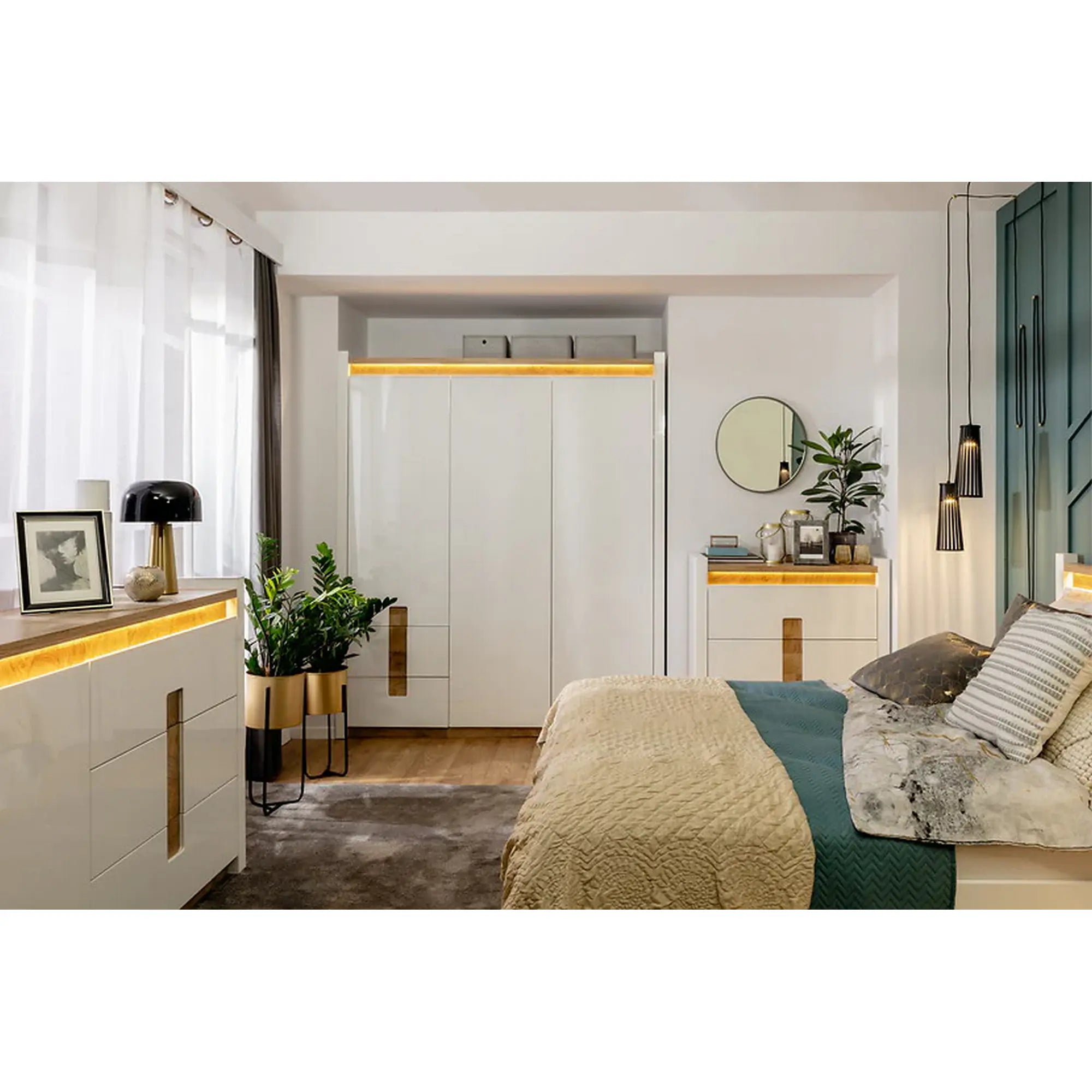 Dulap ALAMEDA, alb/stejar, PAL, cu 3 usi si 2 sertare, 180x60x202 cm