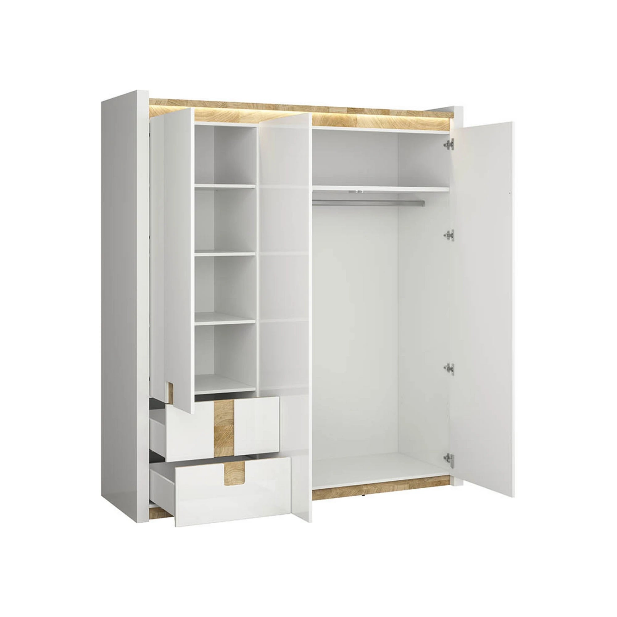Set dormitor ALAMEDA, alb/stejar, pat 140x200, dulap cu 3 usi si 2 sertare, comoda si noptiera