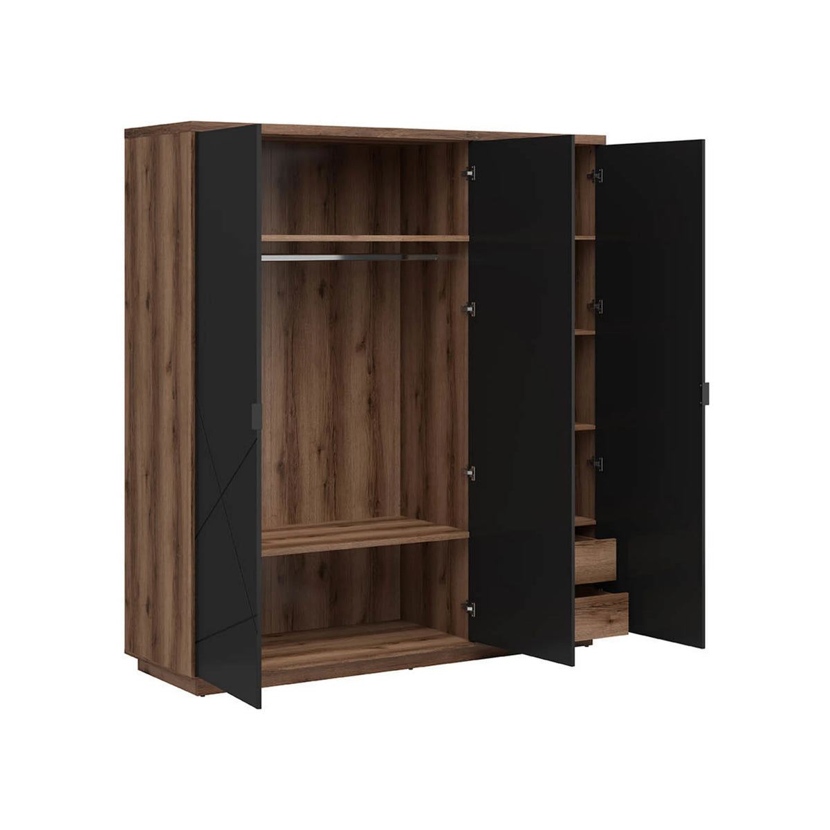 Set dormitor FORN, stejar inchis/negru mat, pat 160x200, dulap cu 3 usi si 2 noptiere