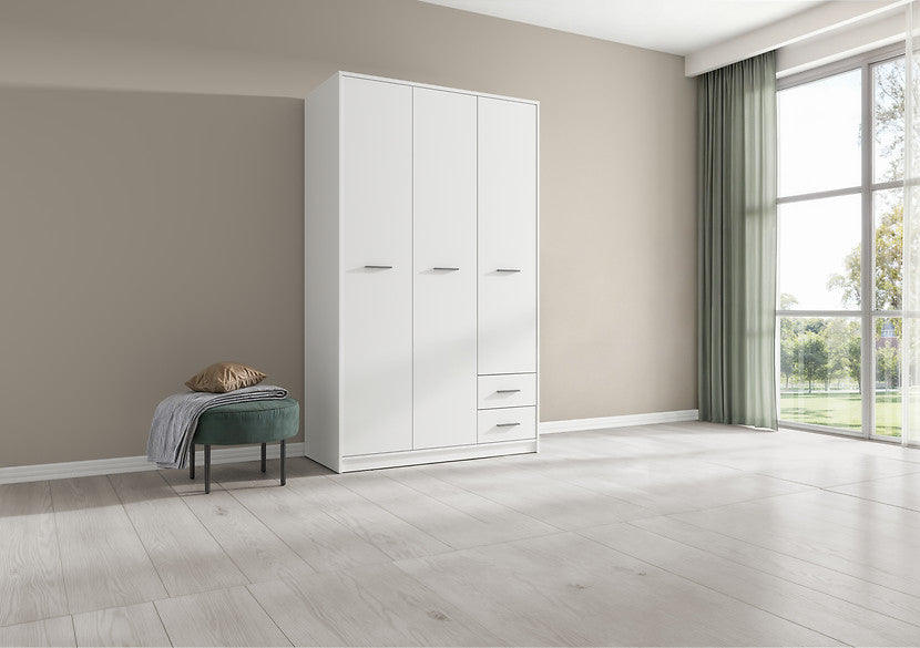 Dulap NEPO PLUS, alb, PAL, cu 3 usi si 2 sertare, 119x55x197 cm