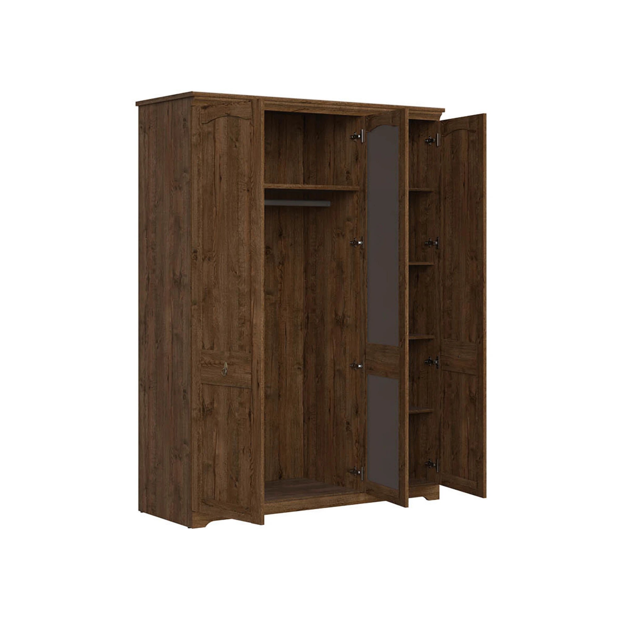 Set dormitor PATRAS, stejar, pat 160x200, dulap cu 3 usi, 2 noptiere si comoda