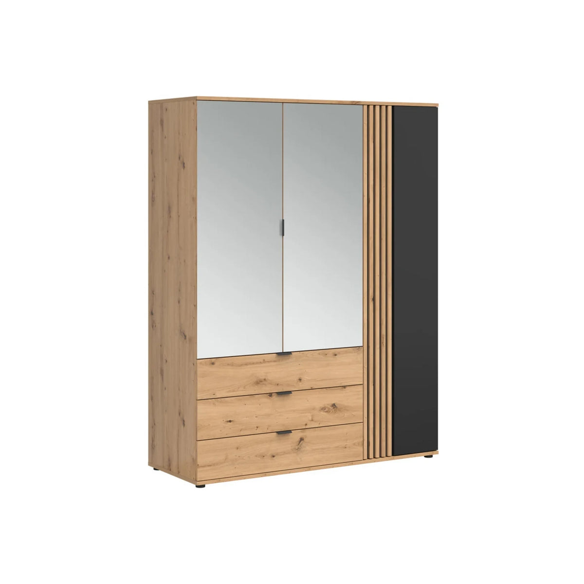 Set dormitor VABRES, stejar artisan/negru mat, pat 160x200, dulap cu 3 usi si 3 sertare, 2 noptiere si o comoda