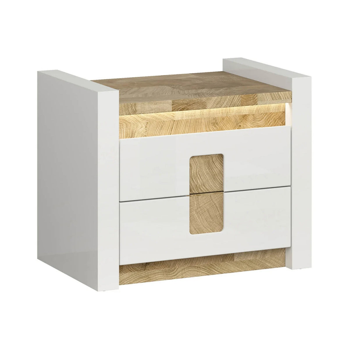 Set dormitor ALAMEDA, alb/stejar, pat 140x200, dulap cu 3 usi si 2 sertare, comoda si noptiera