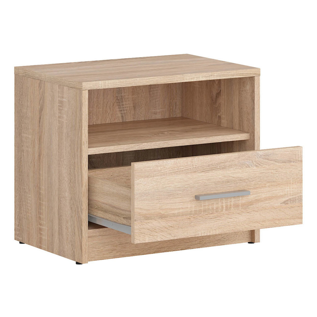 Set dormitor NEPO PLUS, stejar sonoma, pat 140x200, dulap cu 2 usi, 2 comode si noptiera