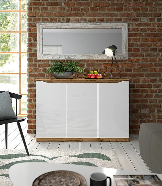 Comoda NUIS, alb lucios/stejar, 135x40x92 cm