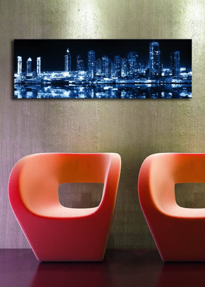 Tablou 3090DACT-6, albastru/negru, panza, cu iluminare LED, 90x30 cm