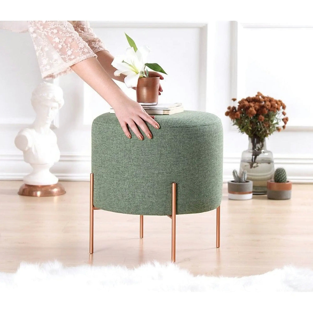 Taburet COPPER 41, otel/stofa clasica verde/curpru, 40x40x42 cm