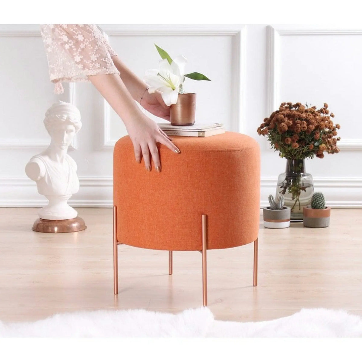 Taburet COPPER 42, portocaliu/cupru, material textil/otel, 40x40x42 cm
