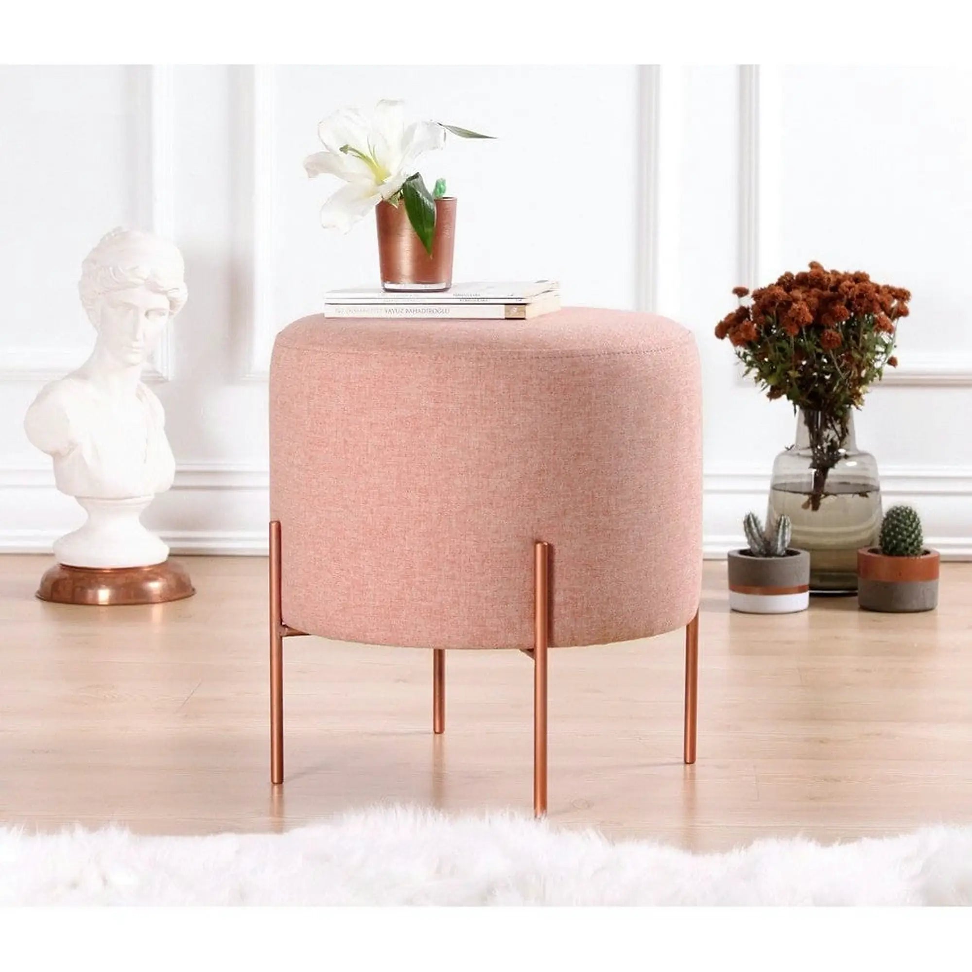 Taburet COPPER 44, roz/cupru, material textil/otel, 40x40x42 cm