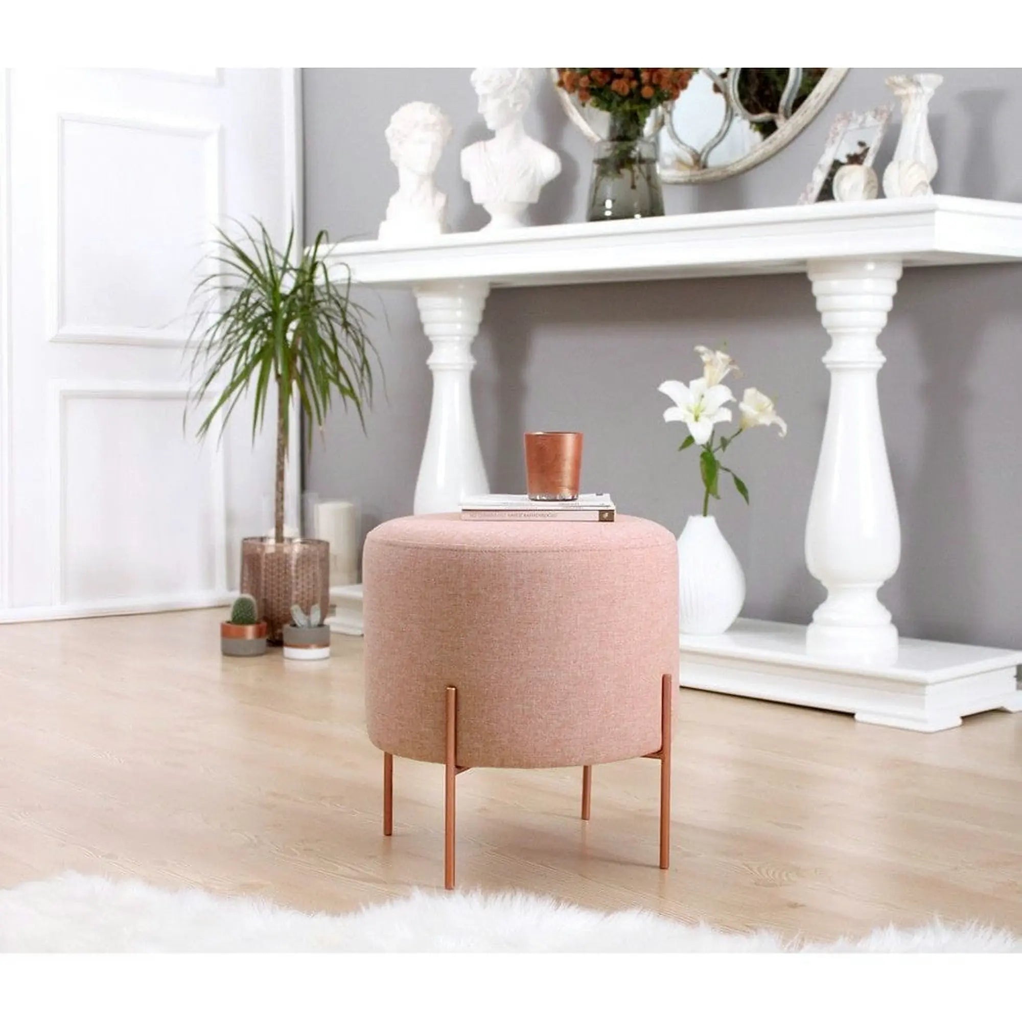 Taburet COPPER 44, roz/cupru, material textil/otel, 40x40x42 cm