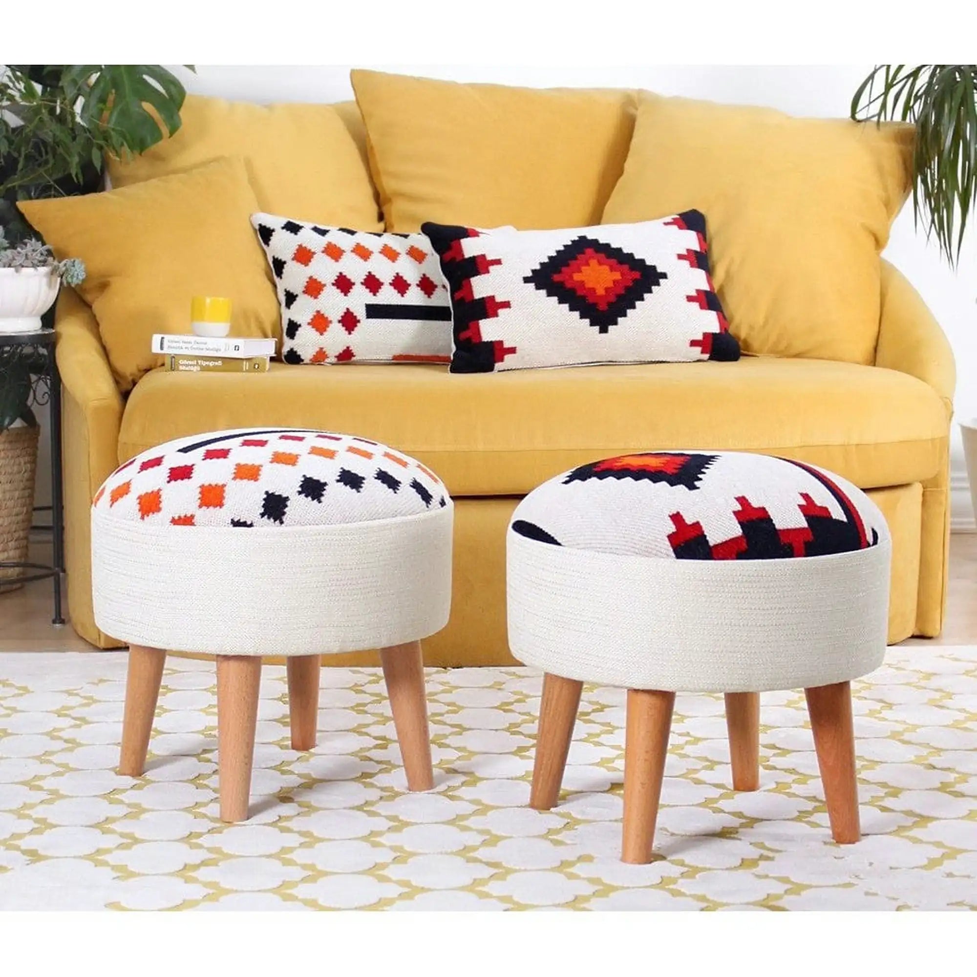 Taburet FARM, alb/stejar, lemn/material textil, 46x46x42 cm