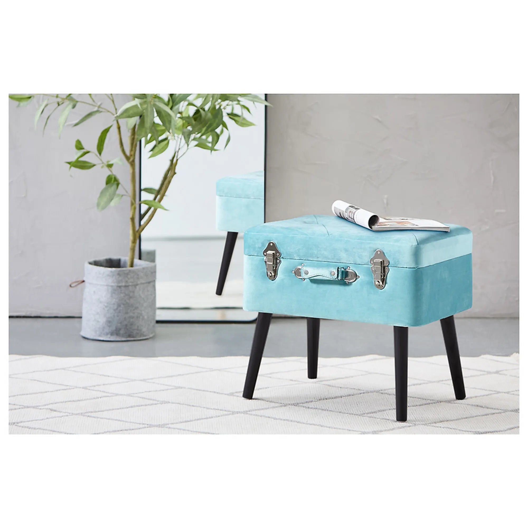 Taburet KEVIN, stofa catifelata albastru, 50x35x46 cm