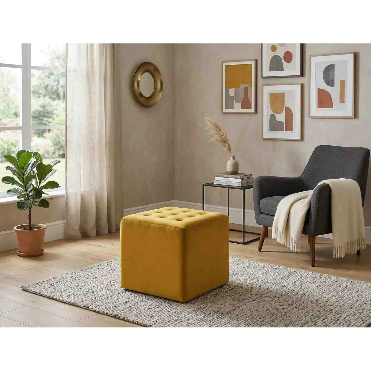 Taburet LORI, stofa catifelata galben - Bluvel 68, 39x39x34 cm