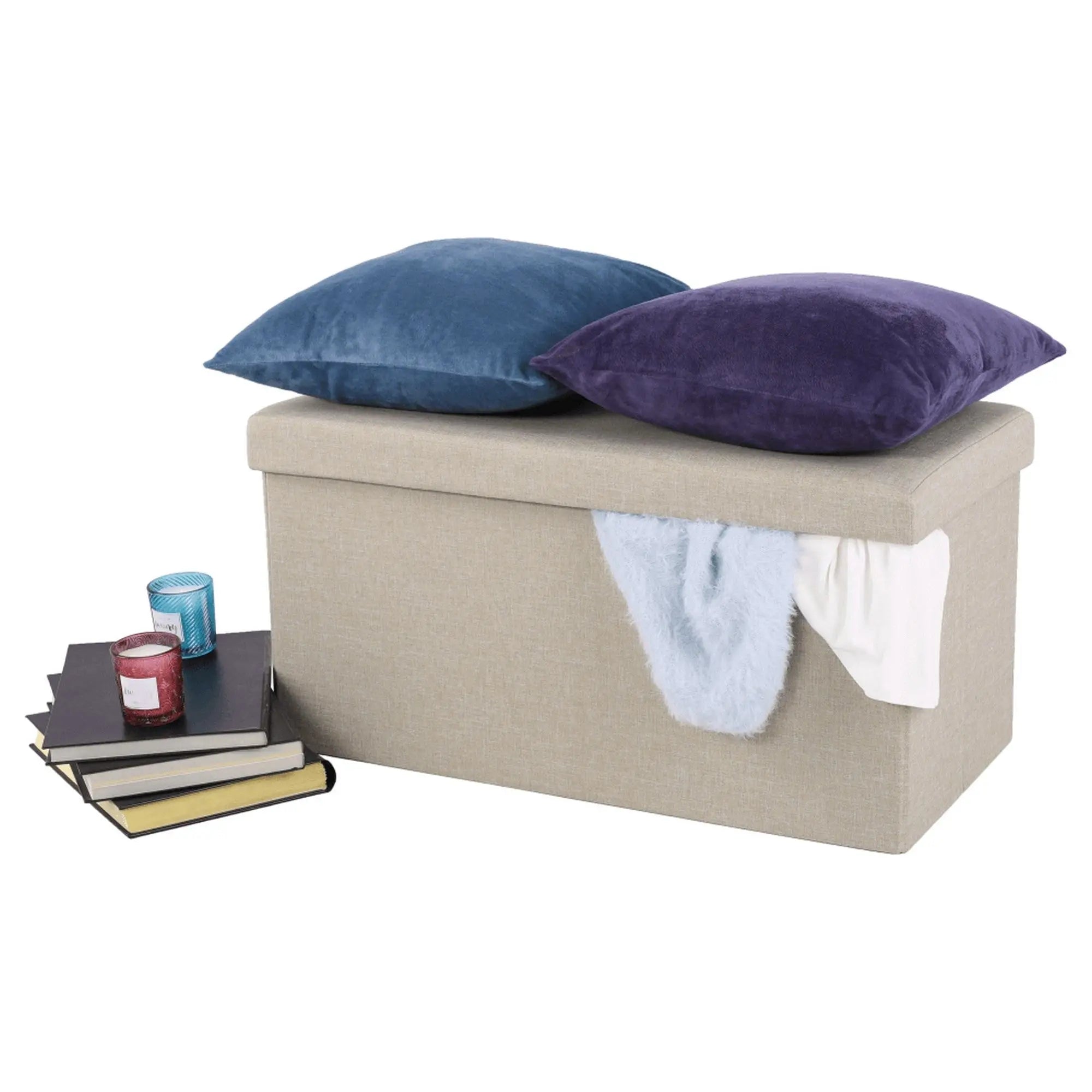 Taburet pliabil ORELIA, stofa clasica bej, cu spatiu depozitare, 76x38x38 cm