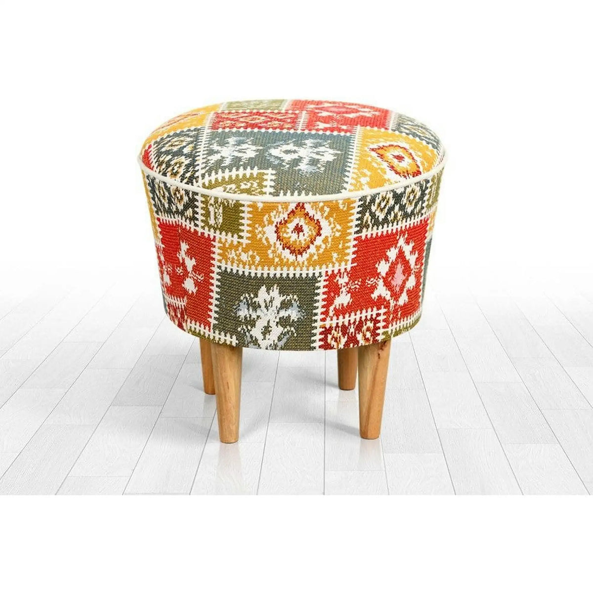 Taburet RUG, multicolor/stejar, material textil/lemn, 42x42x42 cm
