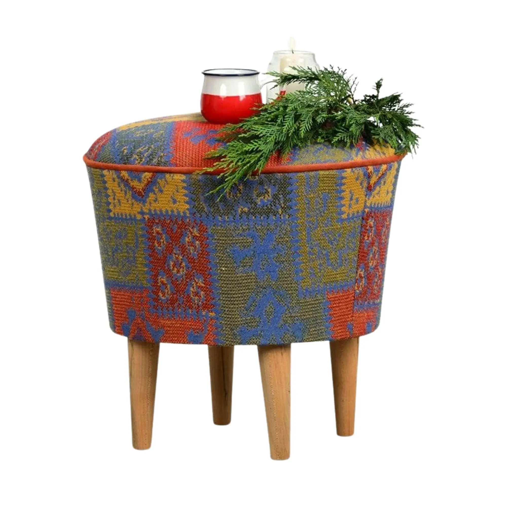 Taburet RUG V3, multicolor/stejar , material textil/lemn, 42x42x42 cm