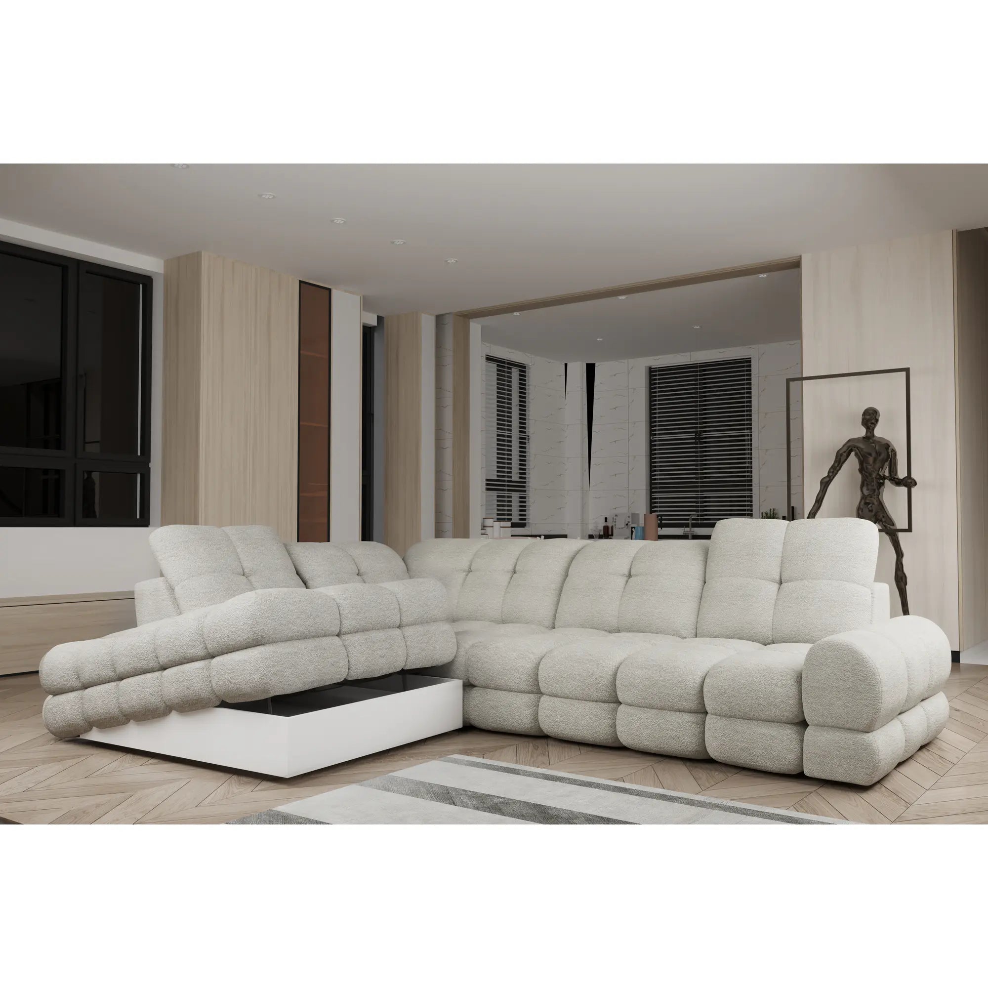 Coltar extensibil TOLLO L, sezlong stanga, stofa buclata alb - Bubble 01, Gama Premium, cu lada depozitare si reglaj electric, 302x217x105 cm