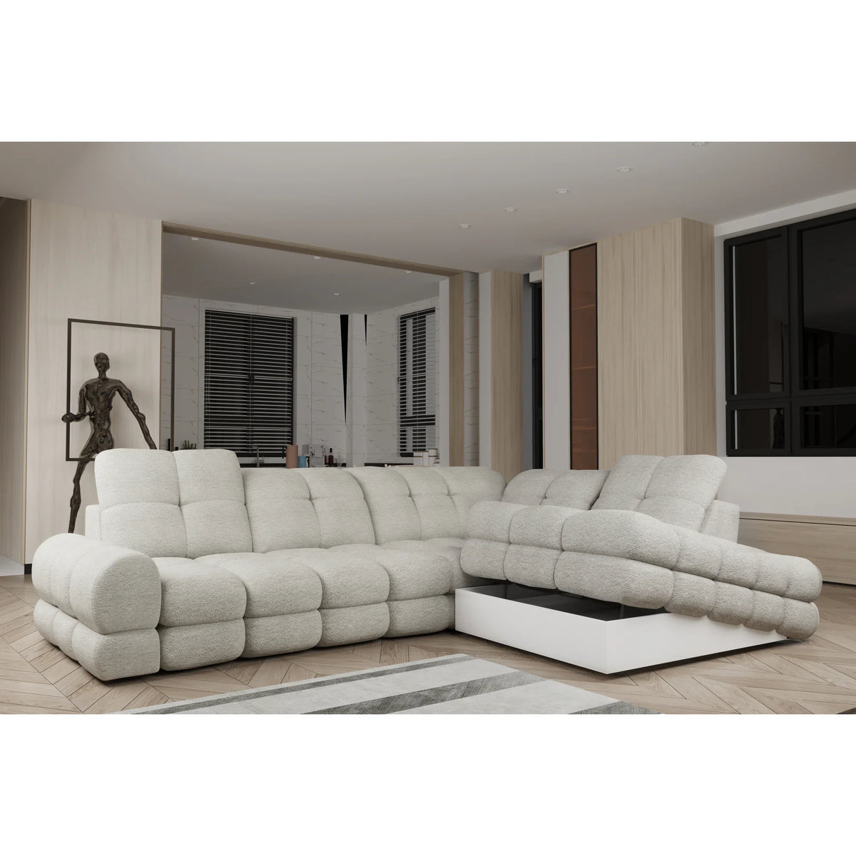 Coltar extensibil TOLLO L, personalizabil materiale gama Oferta Avantaj, cu lada depozitare si reglaj electric, 302x217x105 cm