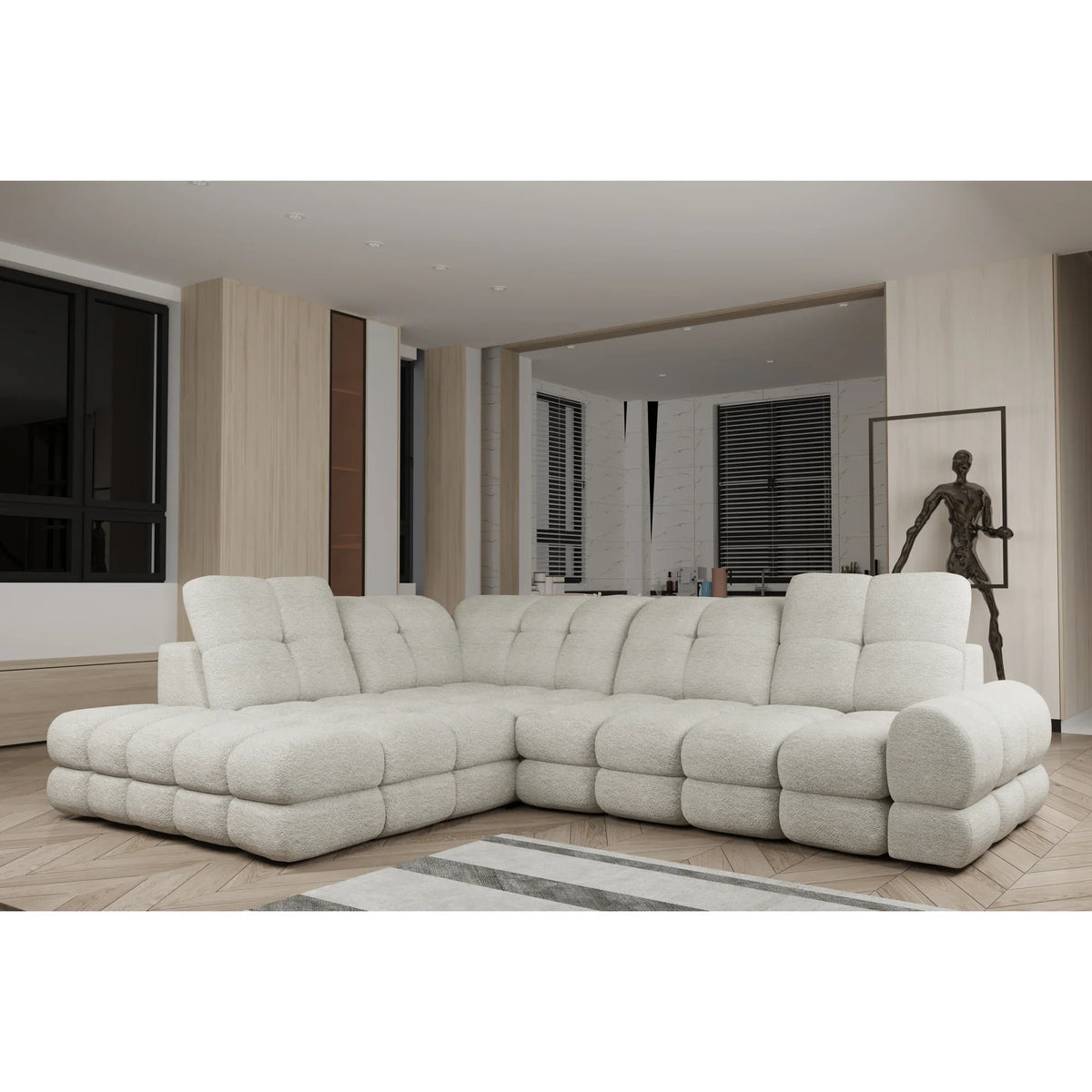 Coltar extensibil 3m TOLLO L, sezlong stanga, stofa catifelata gri - Riviera 91, Gama Premium, cu lada depozitare si reglaj electric, 302x217x105 cm
