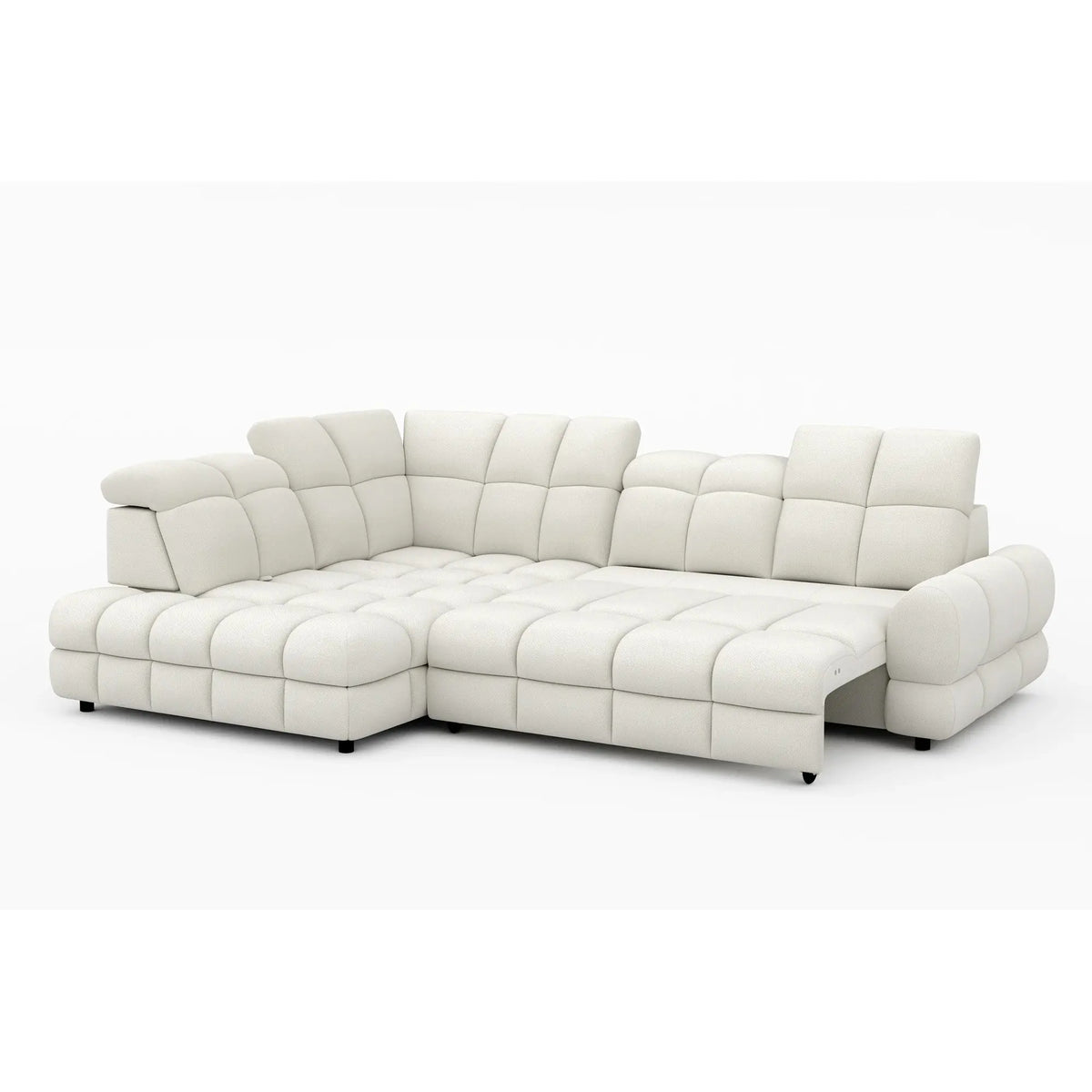 Coltar extensibil TOLLO L, sezlong stanga, stofa buclata alb - Bubble 01, cu lada depozitare si reglaj electric, 302x220x106 cm