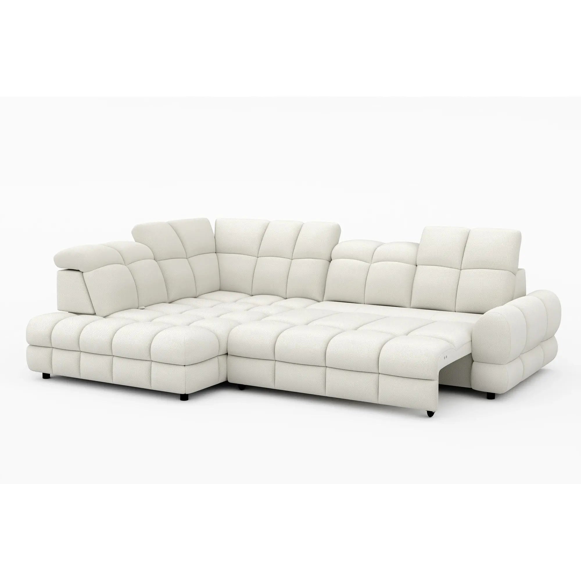 Coltar extensibil TOLLO L, sezlong stanga, stofa buclata alb - Bubble 01, cu lada depozitare si reglaj electric, 302x220x106 cm