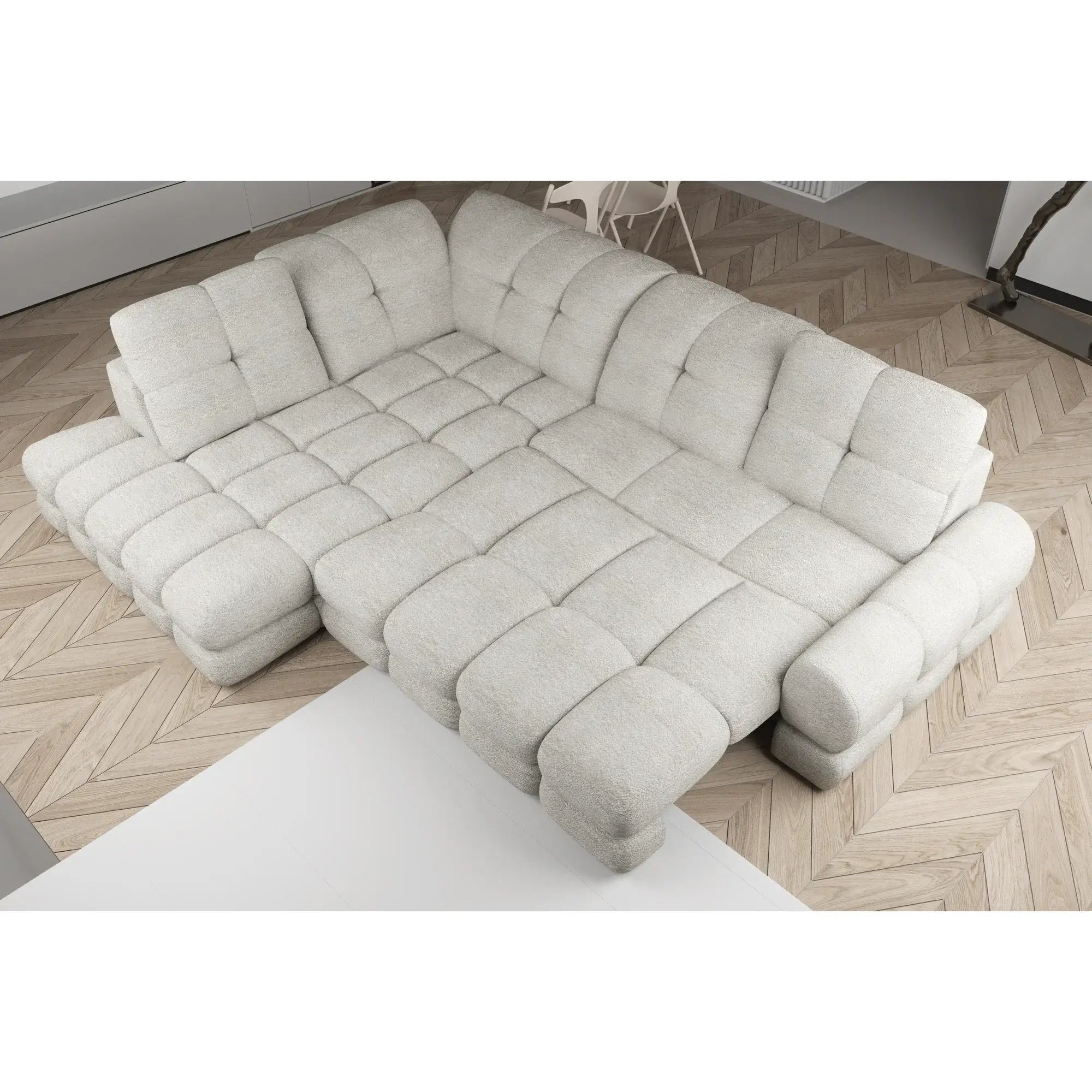 Coltar extensibil 3m TOLLO L, sezlong stanga, stofa catifelata gri - Riviera 91, Gama Premium, cu lada depozitare si reglaj electric, 302x217x105 cm
