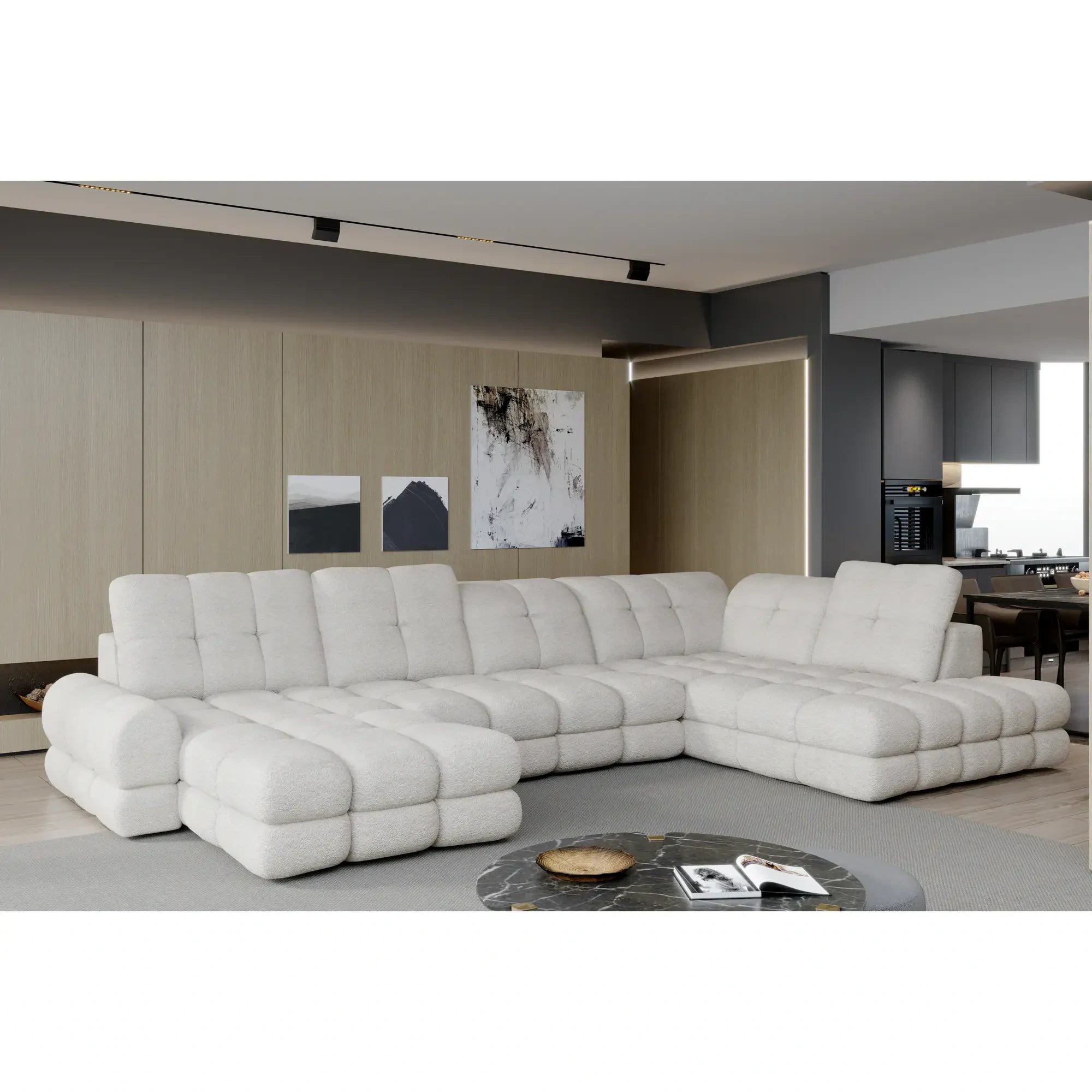 Coltar extensibil U TOLLO XL, sezlong dreapta, stofa catifelata bej - Whisper 3, Gama Premium, cu lada depozitare si reglaj electric, 400x217x105 cm
