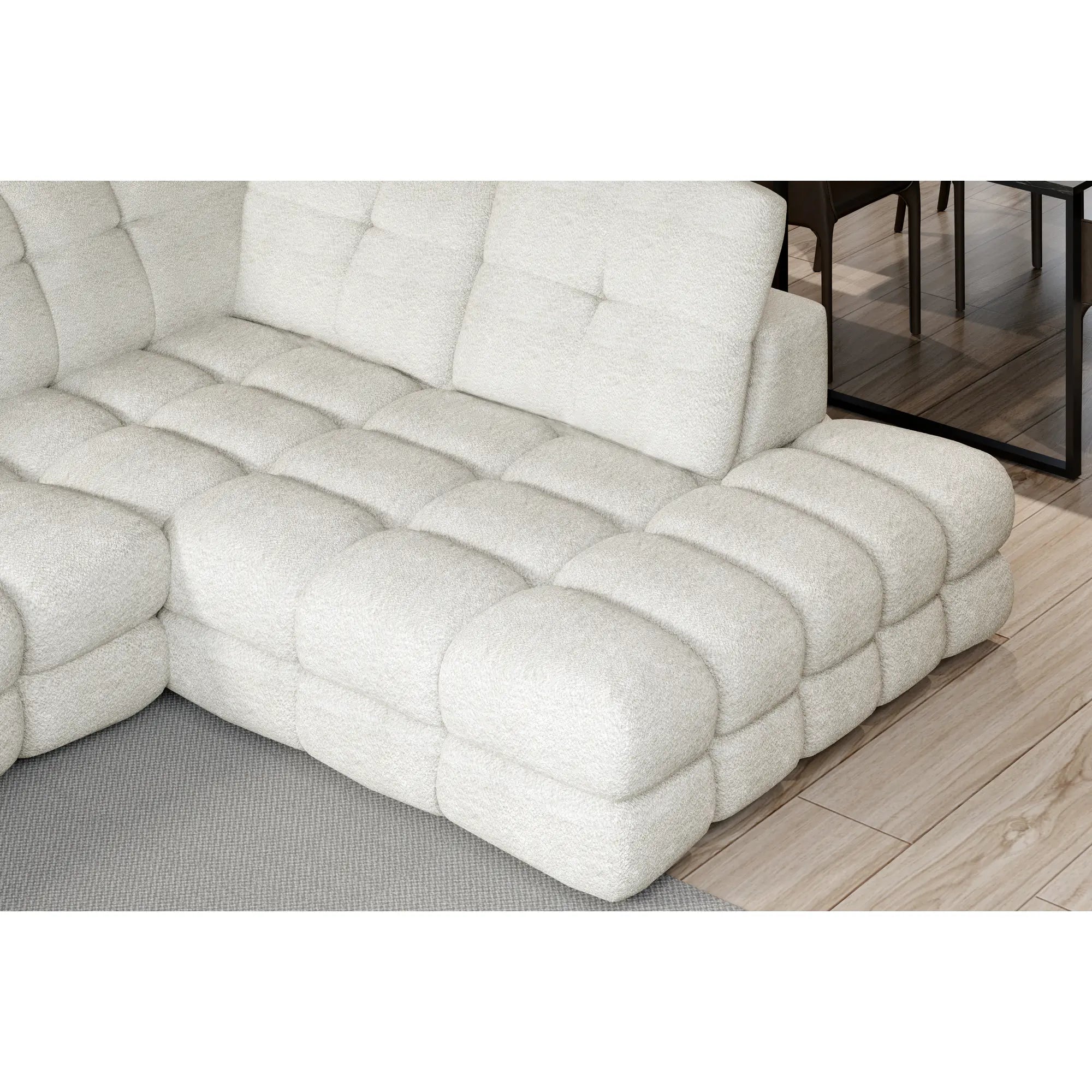 Coltar extensibil U TOLLO XL, sezlong dreapta, stofa catifelata bej - Whisper 3, Gama Premium, cu lada depozitare si reglaj electric, 400x217x105 cm