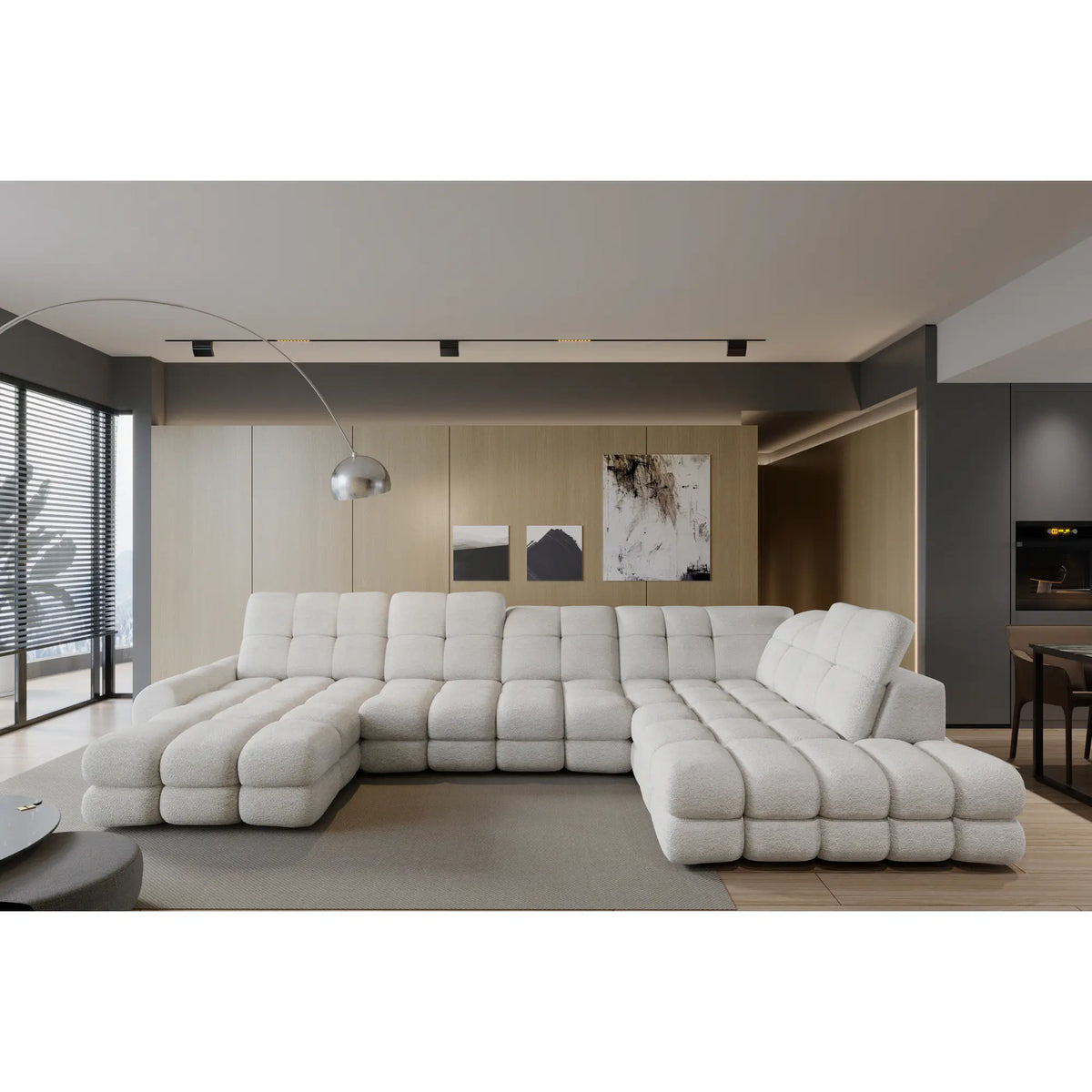 Coltar extensibil U TOLLO XL, sezlong dreapta, stofa catifelata bej - Whisper 3, Gama Premium, cu lada depozitare si reglaj electric, 400x217x105 cm