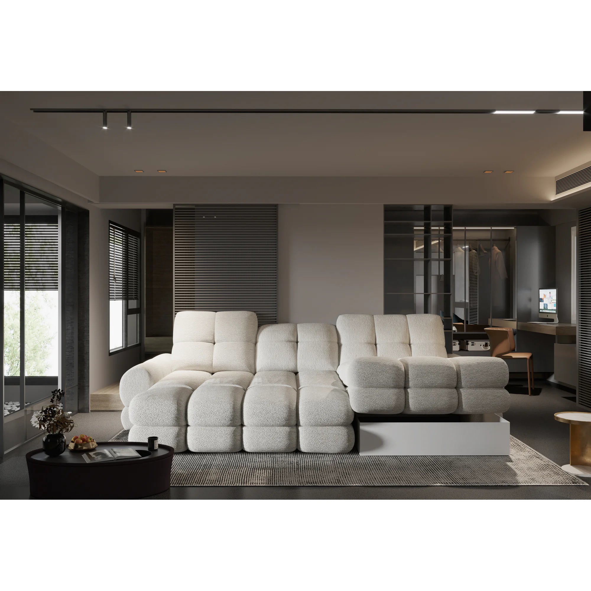 Coltar extensibil confortabil TOLLO MINI, sezlong dreapta, stofa catifelata verde inchis - Element 12, Gama Premium, cu lada depozitare si reglaj electric, 283x171x105 cm