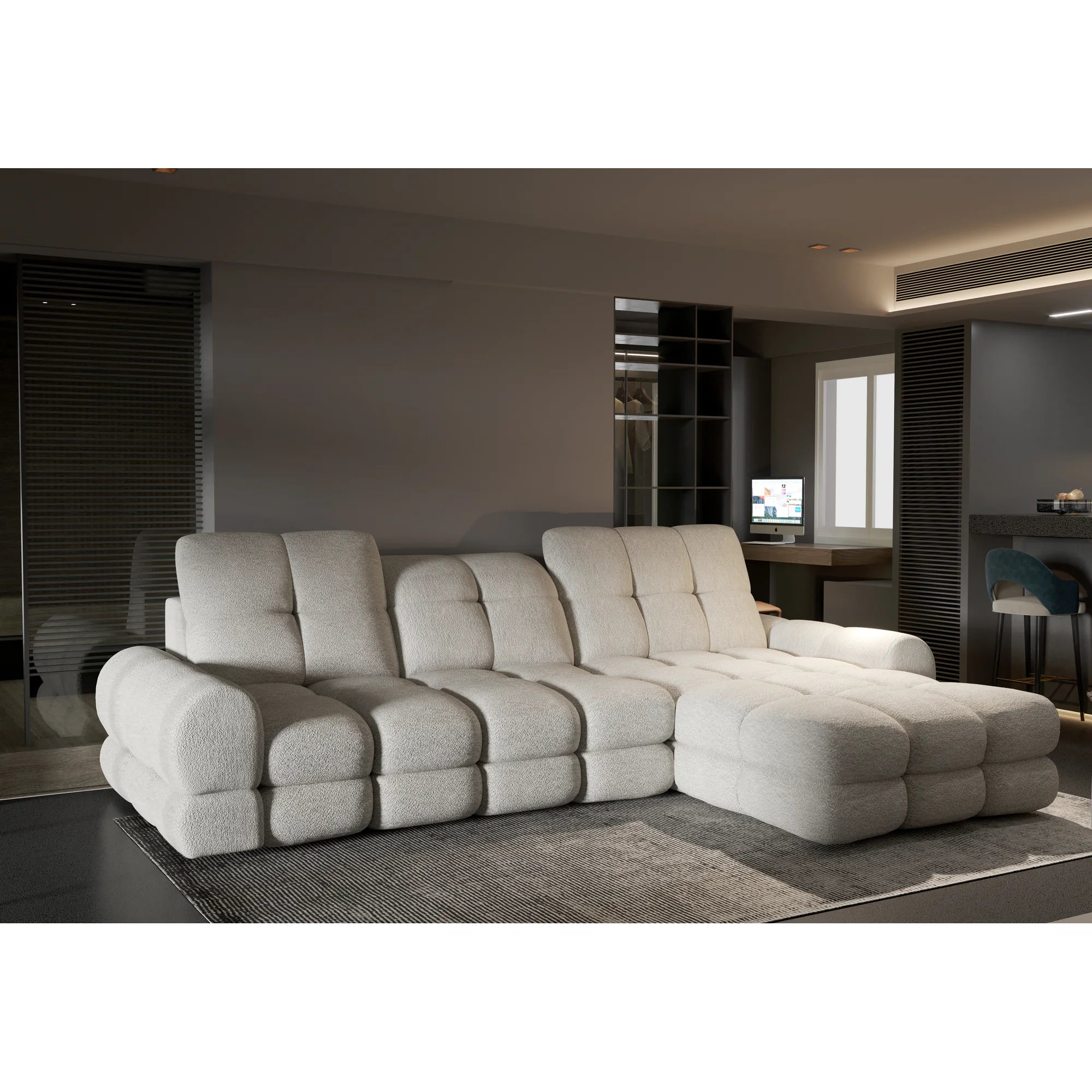 Coltar extensibil confortabil TOLLO MINI, sezlong dreapta, stofa catifelata verde inchis - Element 12, Gama Premium, cu lada depozitare si reglaj electric, 283x171x105 cm