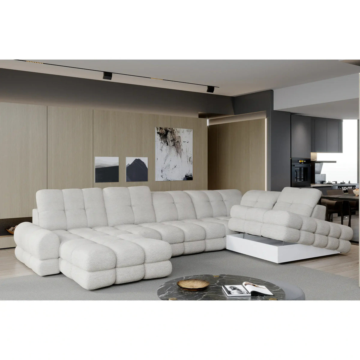 Coltar extensibil U TOLLO XL, sezlong dreapta, stofa catifelata bej - Whisper 3, Gama Premium, cu lada depozitare si reglaj electric, 400x217x105 cm