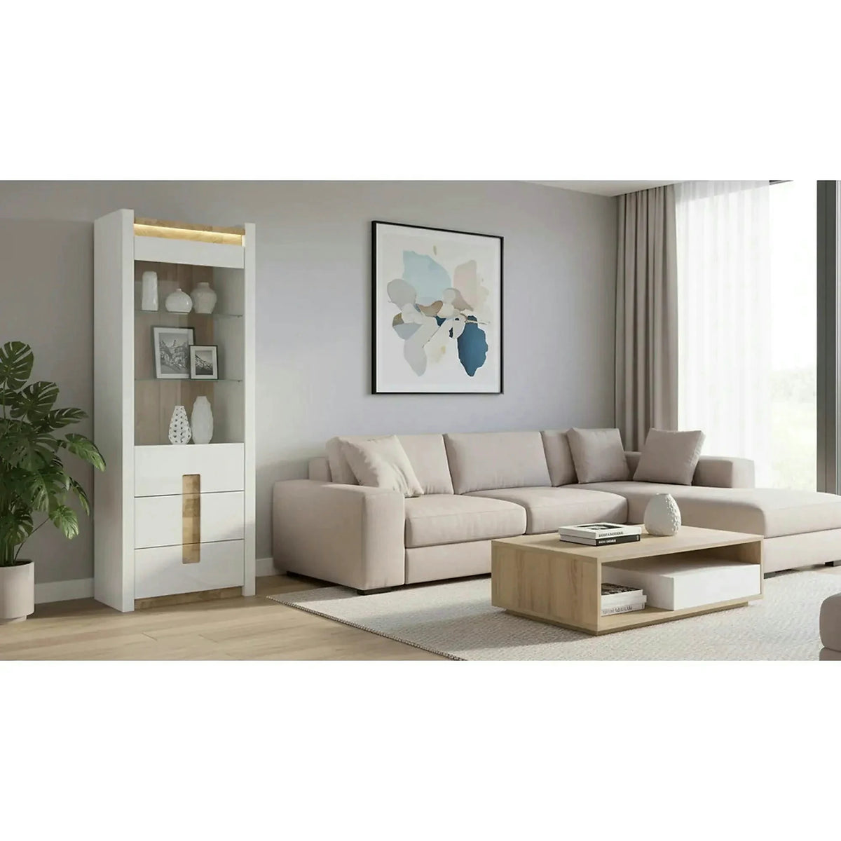 Vitrina ALAMEDA, alb/stejar deschis, PAL laminat, 72x42x202 cm