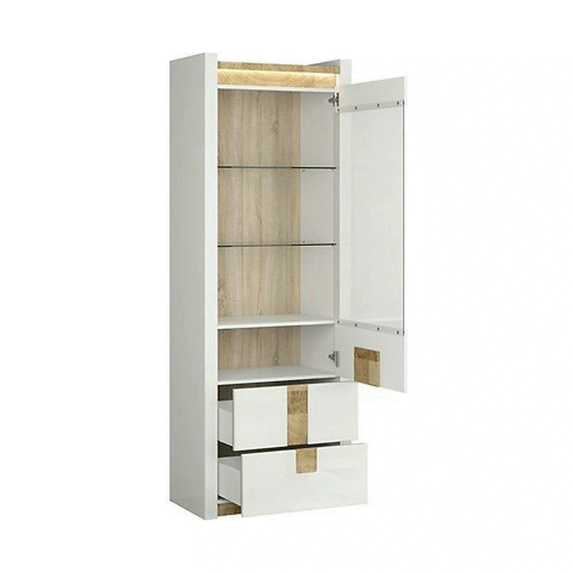 Vitrina ALAMEDA, alb/stejar deschis, PAL laminat, 72x42x202 cm