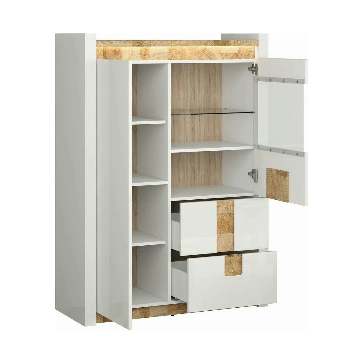 Vitrina ALAMEDA, alb/stejar, PAL/sticla securizata, 102x41x141 cm