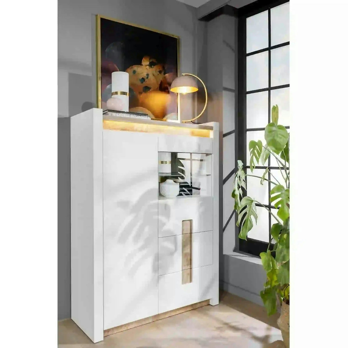 Vitrina ALAMEDA, alb/stejar, PAL/sticla securizata, 102x41x141 cm