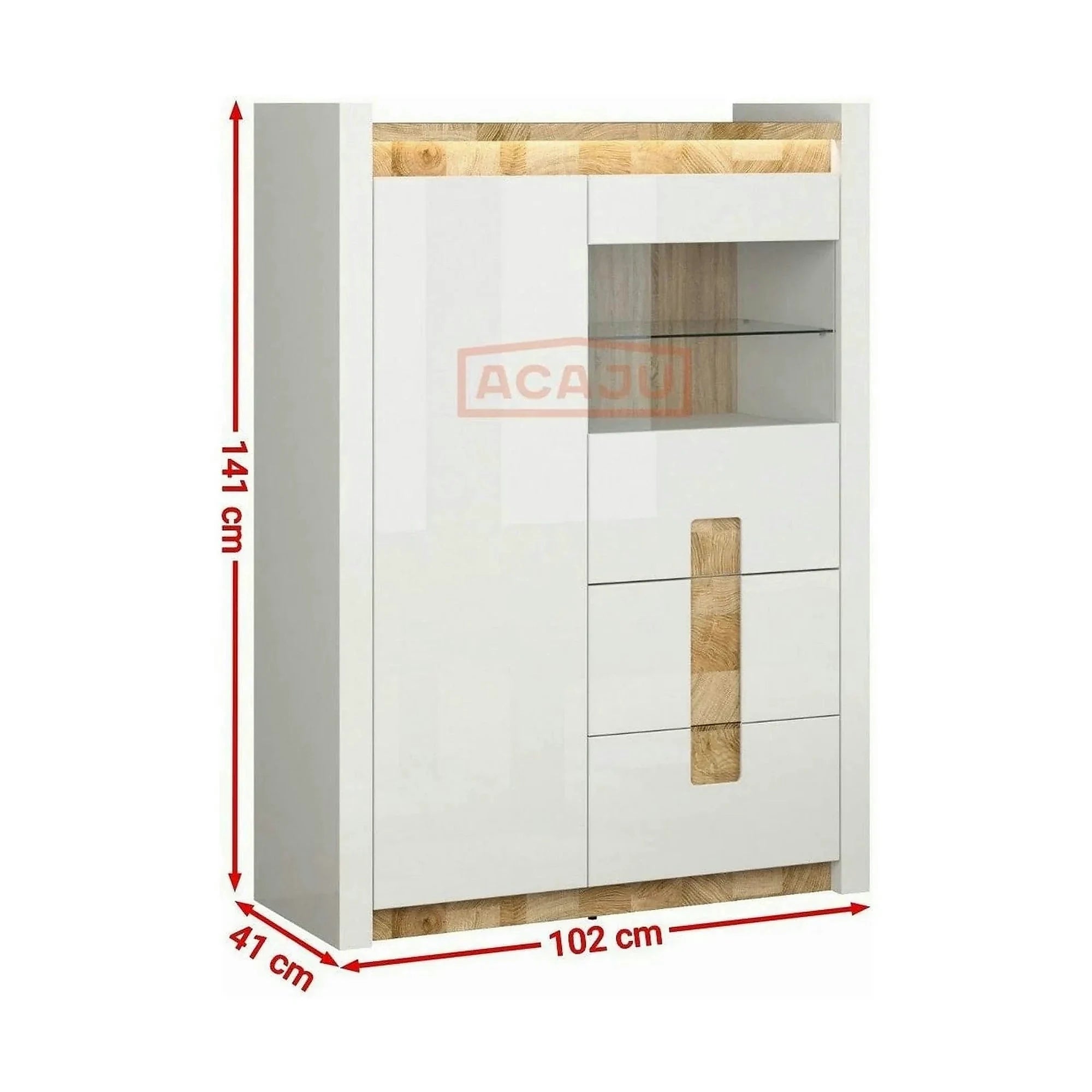 Vitrina ALAMEDA, alb/stejar, PAL/sticla securizata, 102x41x141 cm