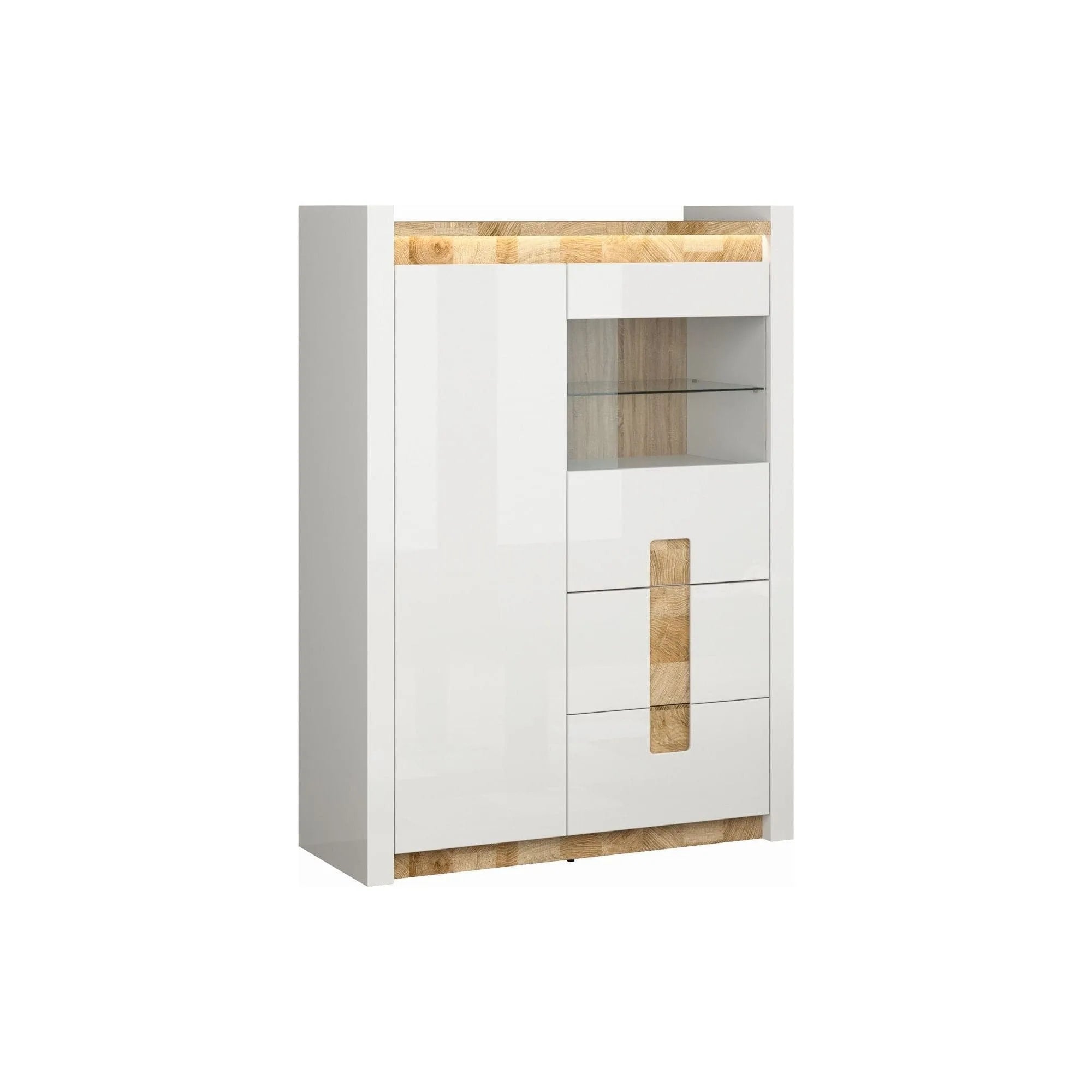 Vitrina ALAMEDA, alb/stejar, PAL/sticla securizata, 102x41x141 cm