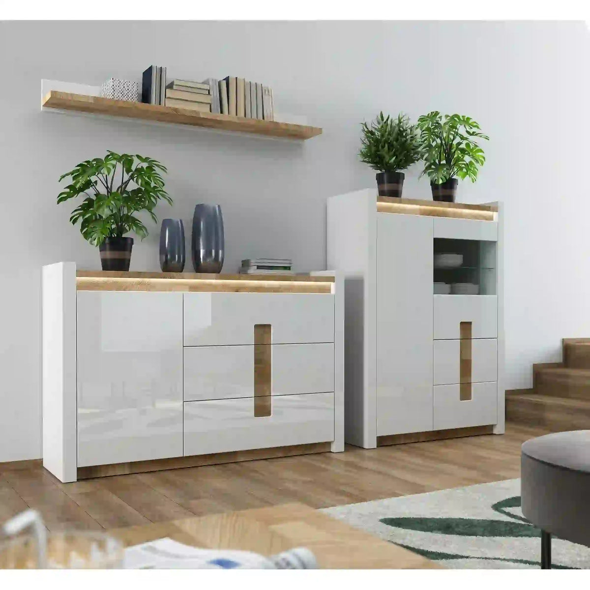 Vitrina ALAMEDA, alb/stejar, PAL/sticla securizata, 102x41x141 cm