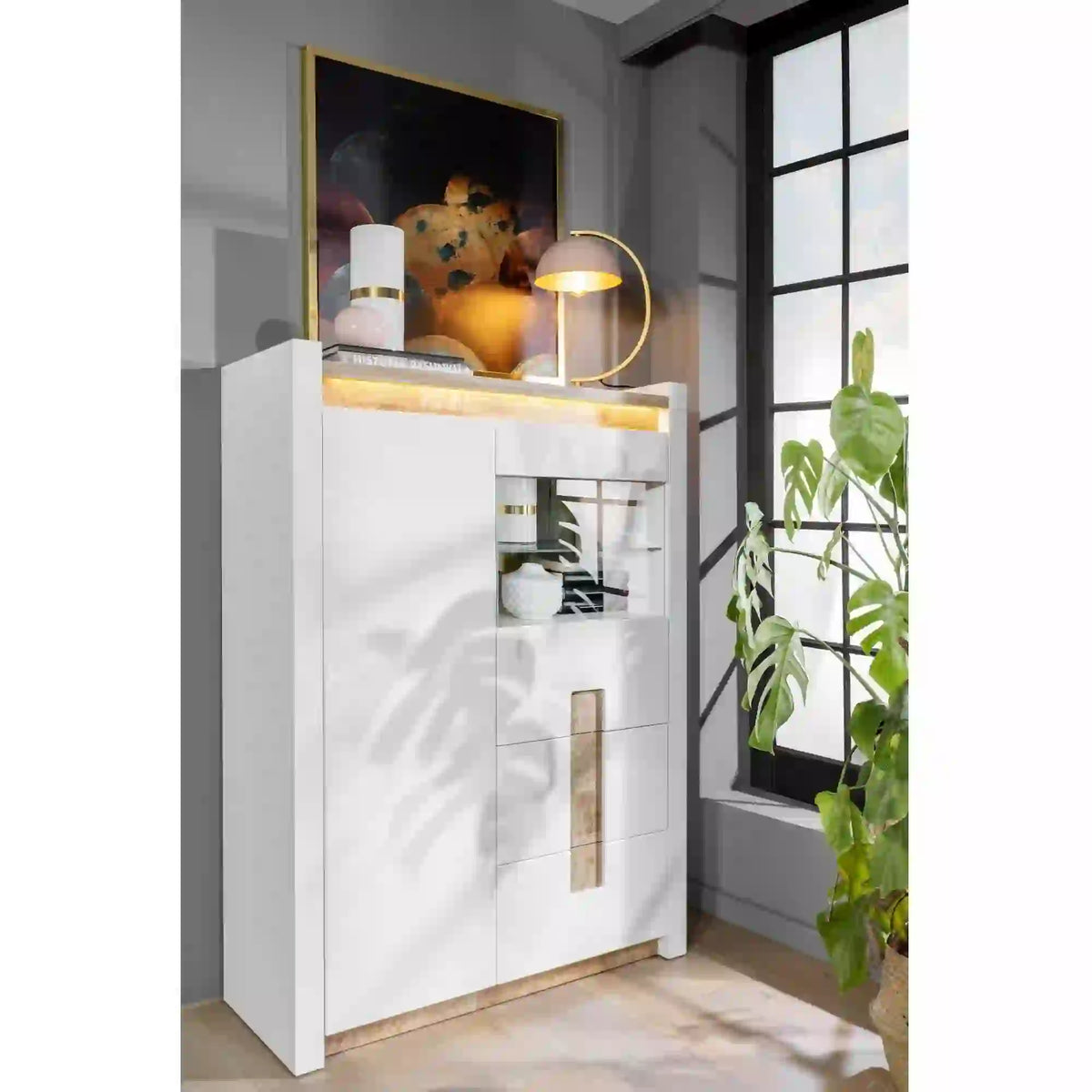 Vitrina ALAMEDA, alb/stejar, PAL/sticla securizata, 102x41x141 cm