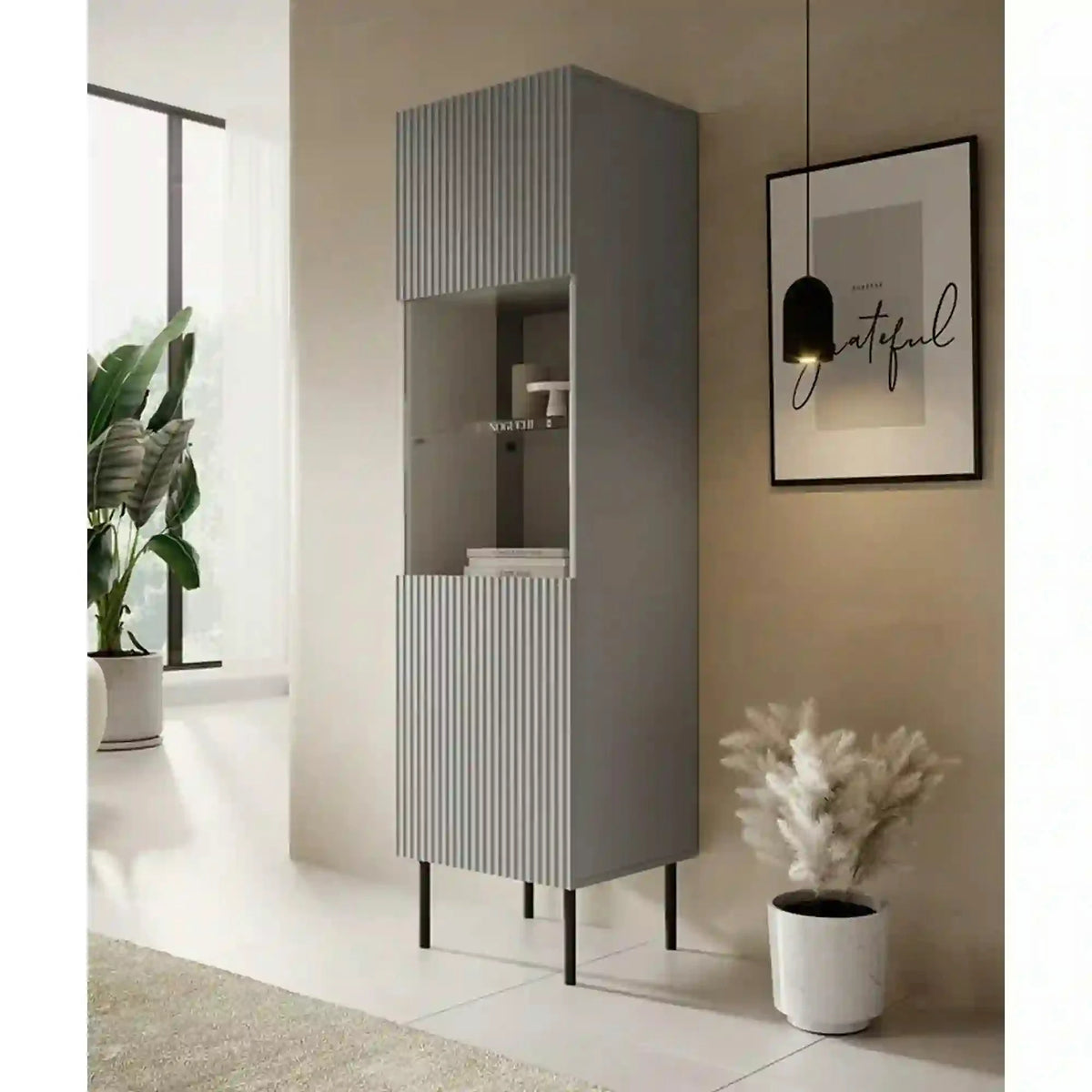 Vitrina ASENSIO, gri mat, PAL/metal, 50x42x180 cm