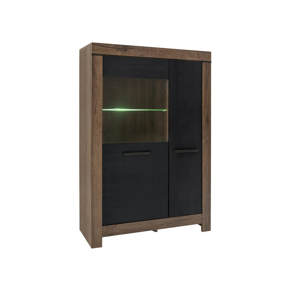 Vitrina BALIN, stejar/negru, PAL/sticla, cu iluminare LED, 101x40x149 cm