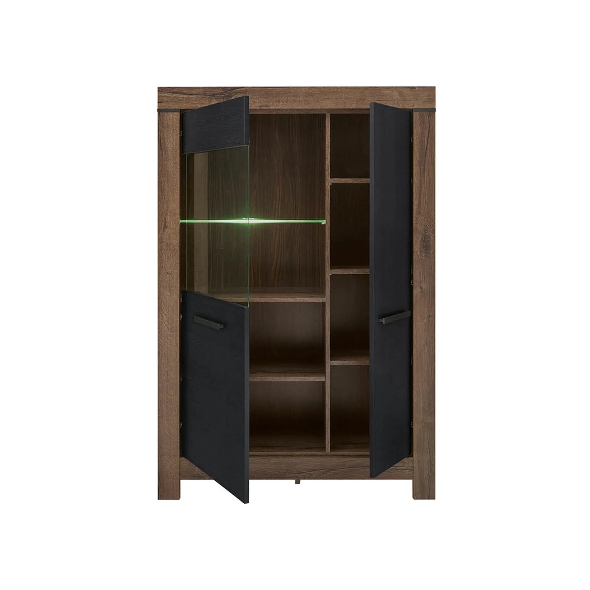 Vitrina BALIN, stejar/negru, PAL/sticla, cu iluminare LED, 101x40x149 cm