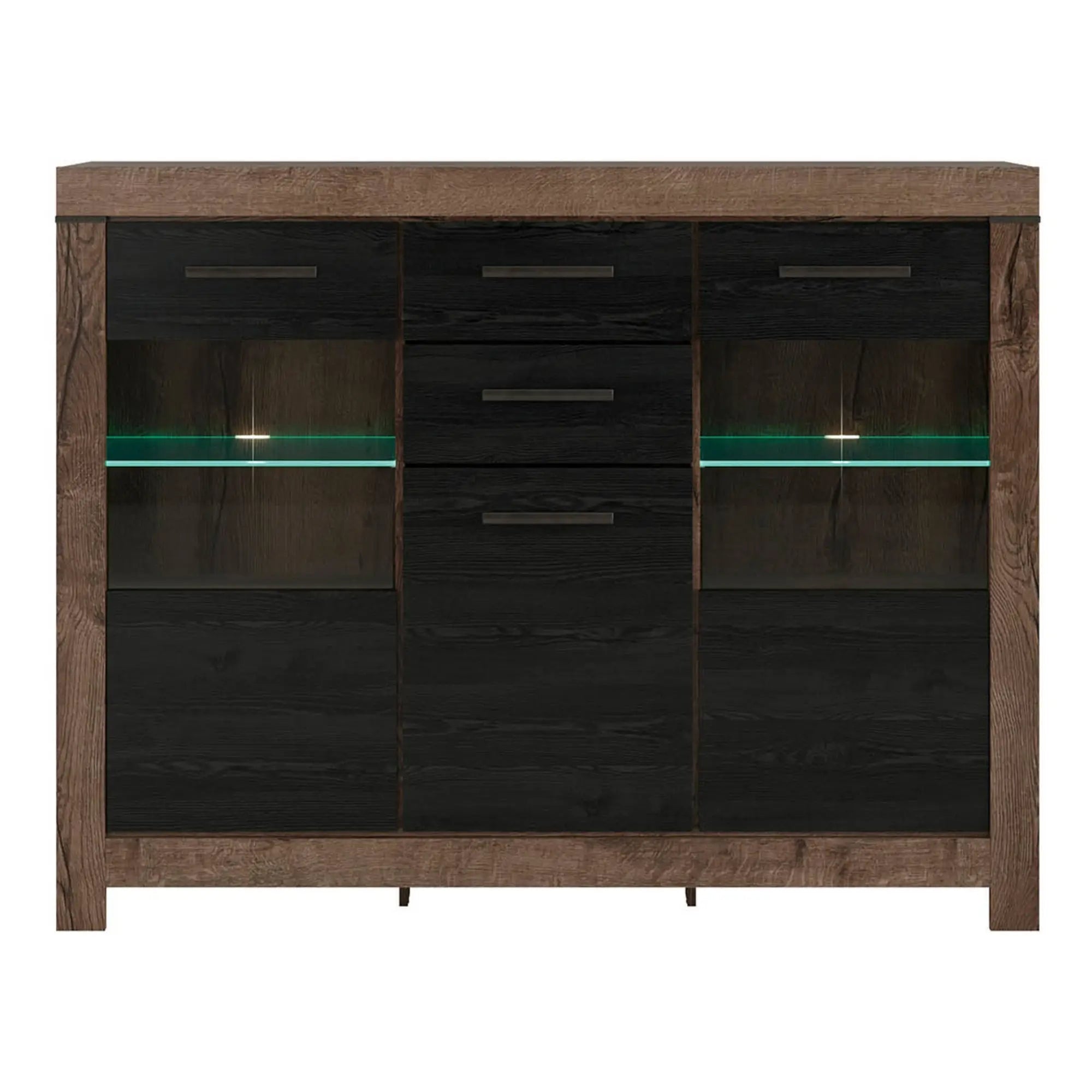 Vitrina BALIN, stejar/negru, PAL/sticla, cu iluminare LED, 160x45x125 cm