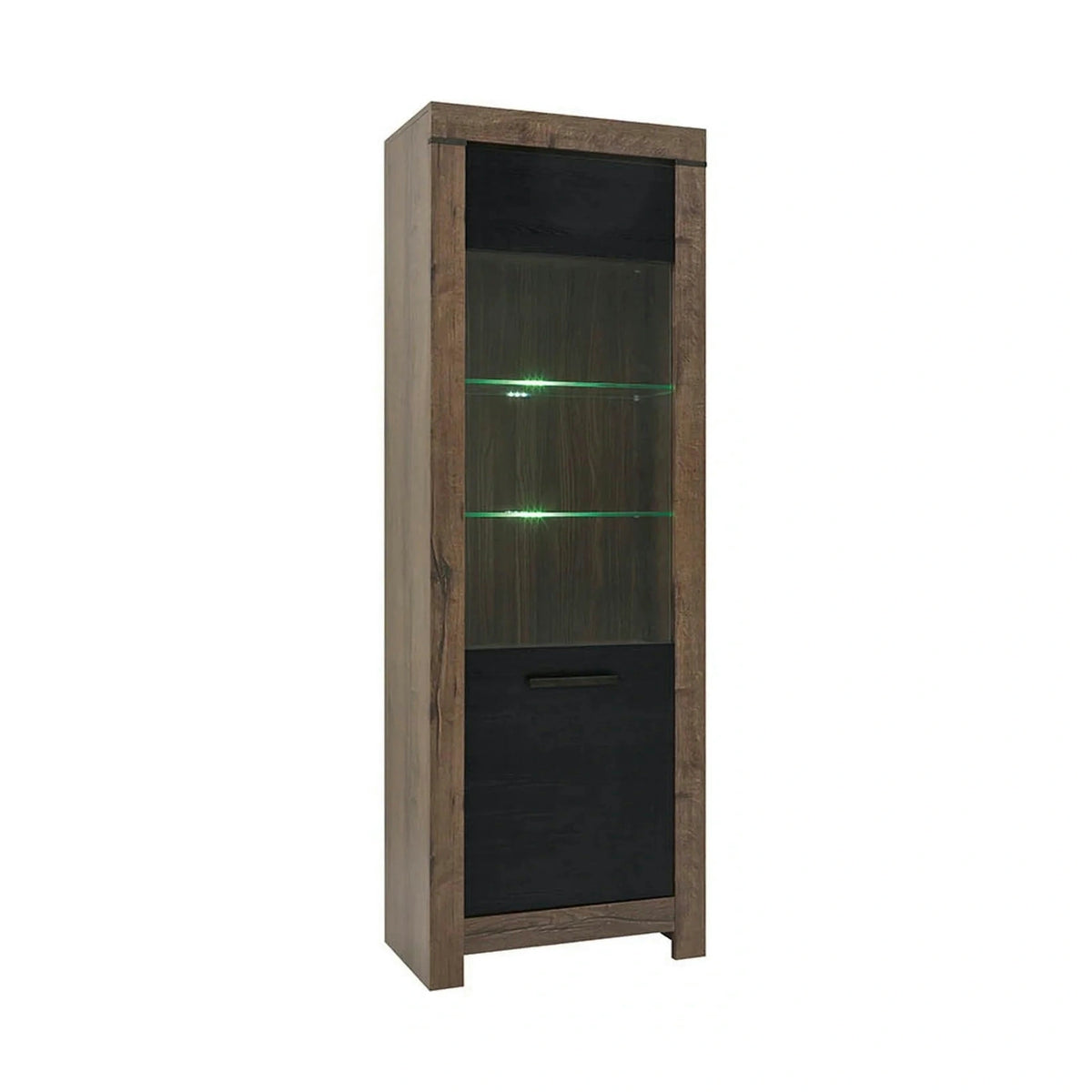 Vitrina BALIN, stejar/negru, PAL/sticla, cu iluminare LED, 68x40x197 cm