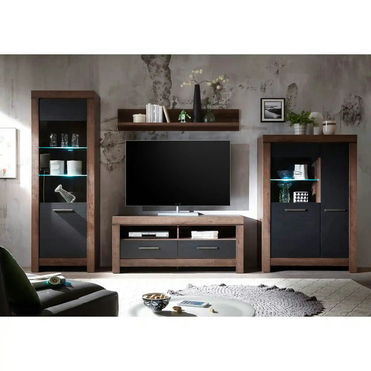 Vitrina BALIN, stejar/negru, PAL/sticla, cu iluminare LED, 68x40x197 cm