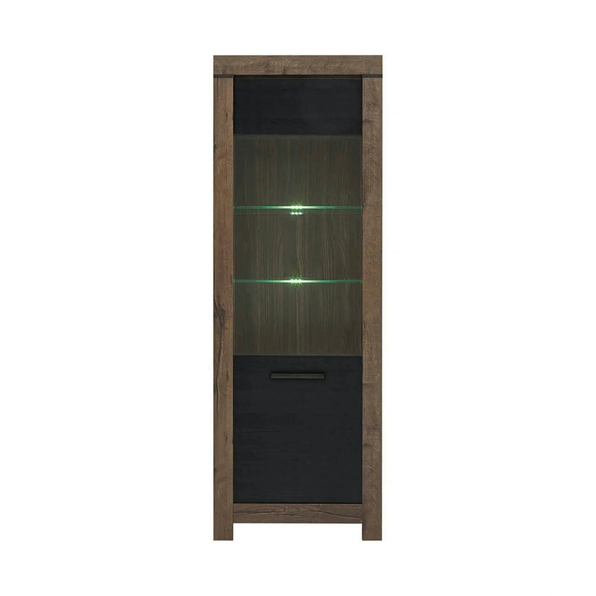 Vitrina BALIN, stejar/negru, PAL/sticla, cu iluminare LED, 68x40x197 cm